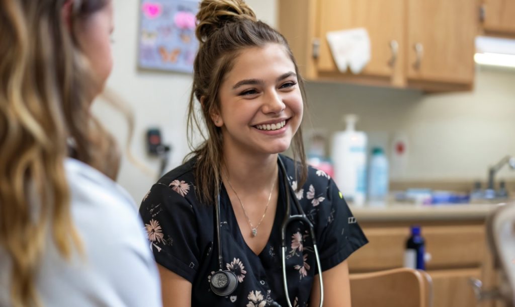 young nursing assistant student with stethoscope around neck sitting in classroom